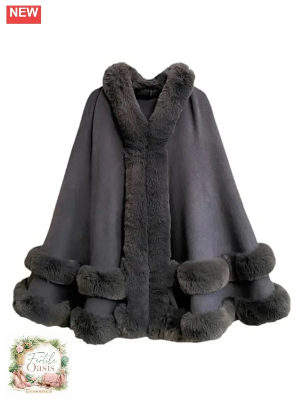Oversized Knitted Shawl Wrap with Faux Fur Trim Open Front Poncho Cape